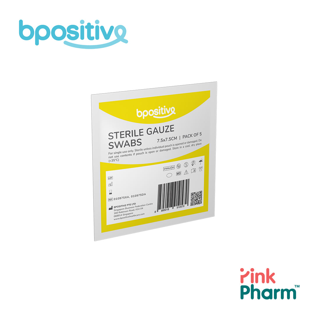 BPositive Sterile Gauze Swabs 7.5 x 7.5 cm (1 pack of 5s)